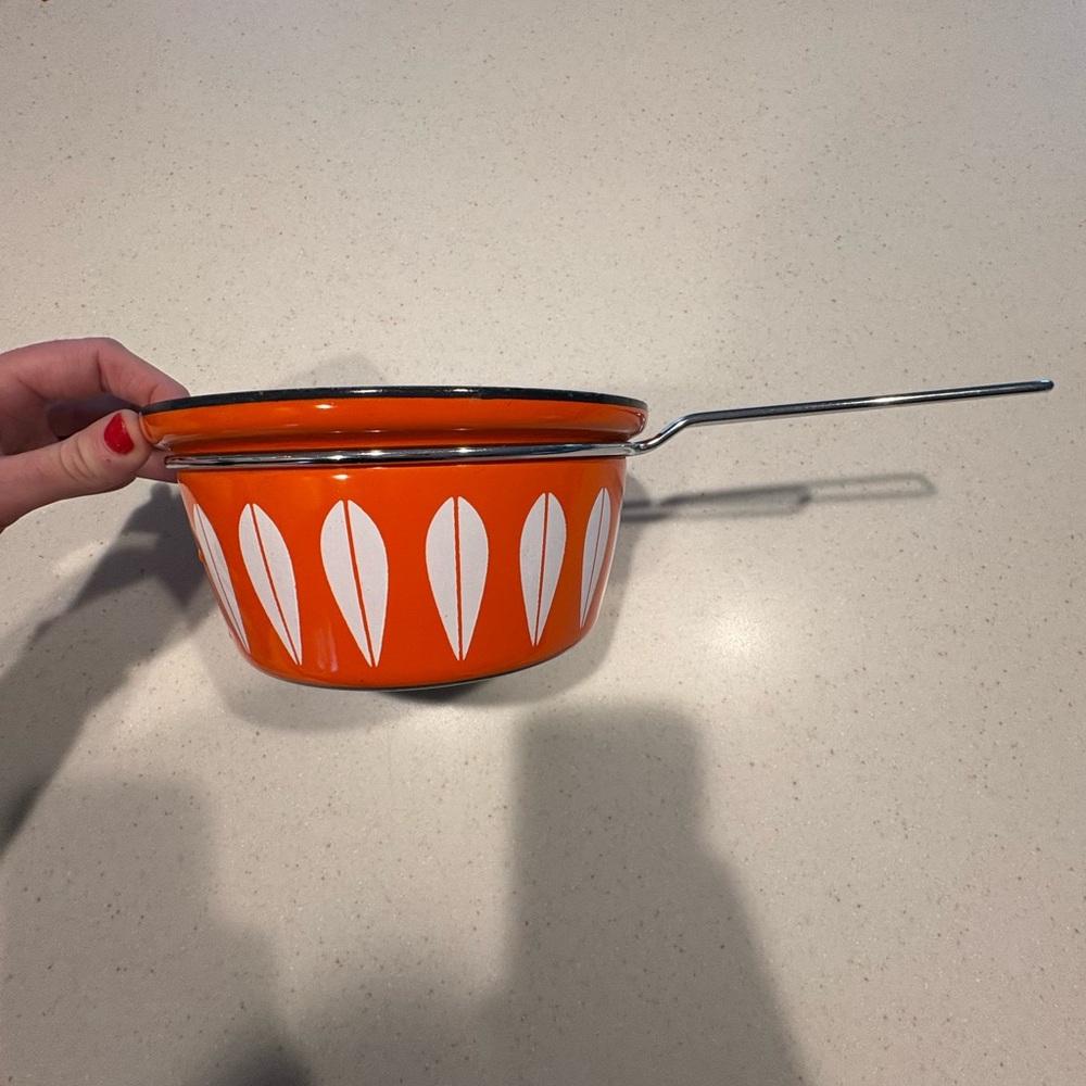 Catherineholm vintage Orange Enamel Saucepan with White Leaf Motif